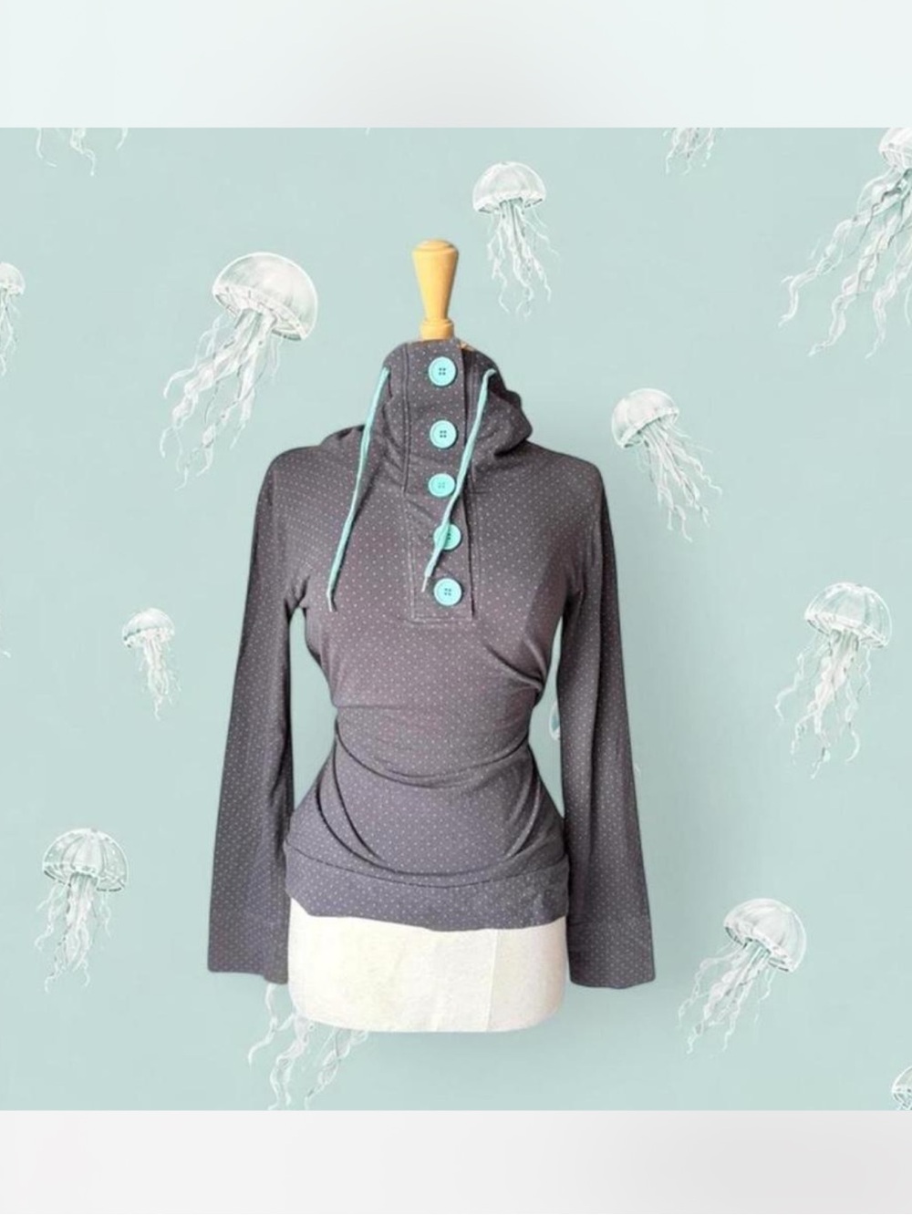Novita Gray Long Sleeve Hoodie with Teal polka dots and Button Accents